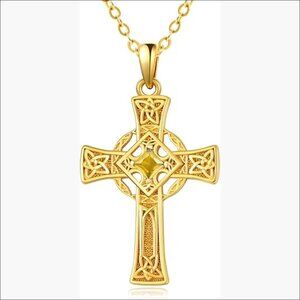 Celtic Cross Pendant Necklace with Square Birthstone, Lobster Clasp